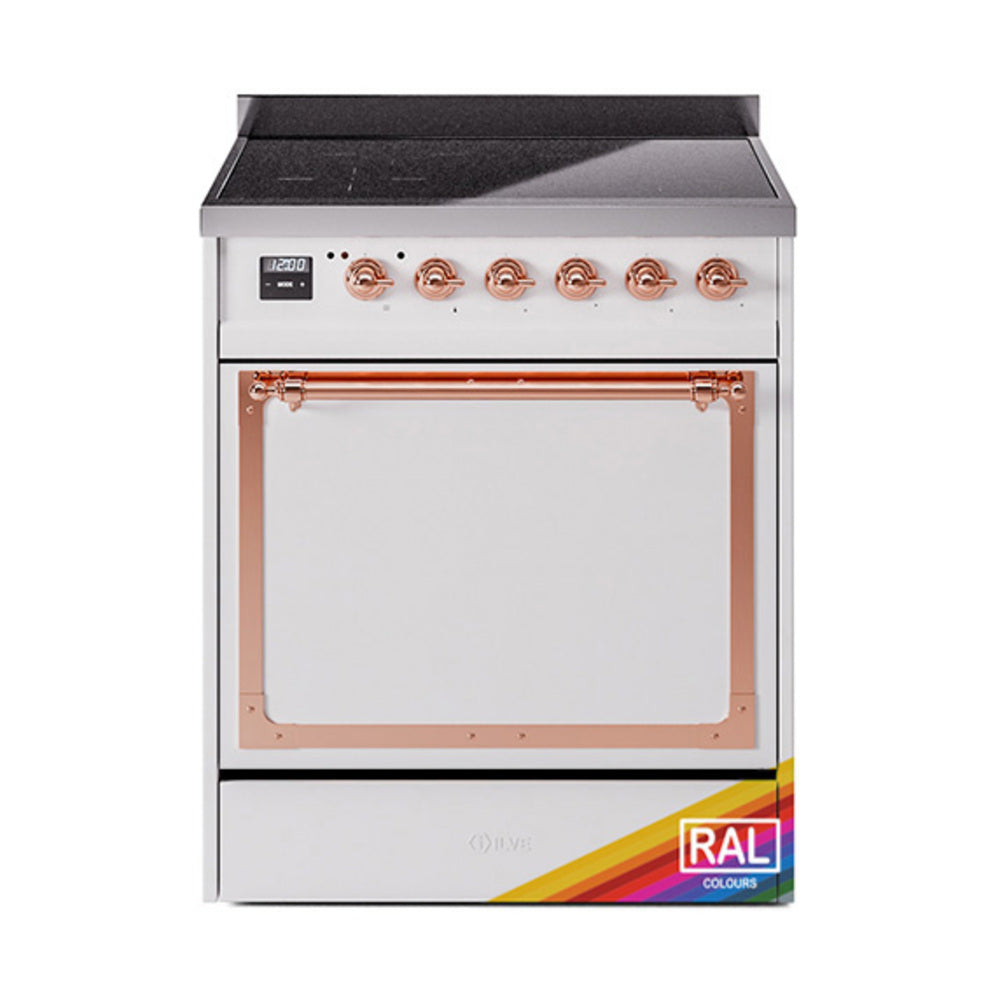Induction range oven door with viewing window and copper trim, RAL label