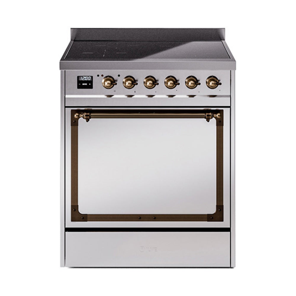 Stainless steel induction range with bronze-trim knobs and open oven door