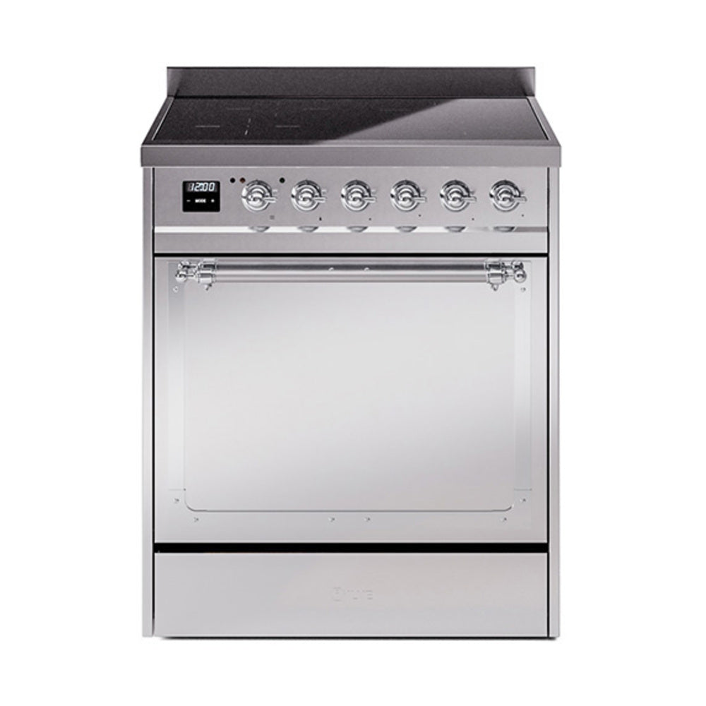 Stainless steel induction range with chrome-trim control panel and oven door