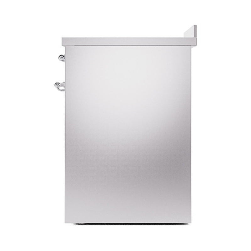 Stainless steel oven door side view with chrome hinges and handle