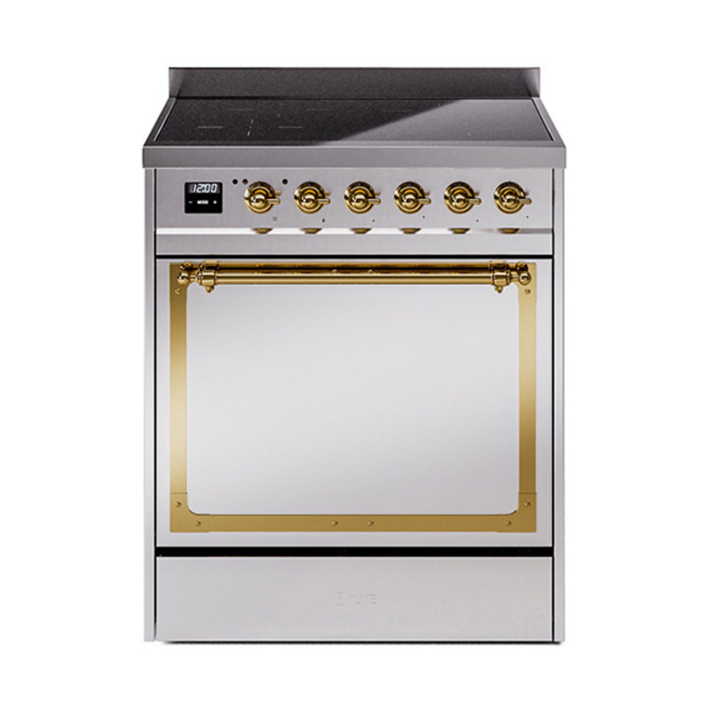 Stainless steel induction range with solid door oven, brass trim and control knobs