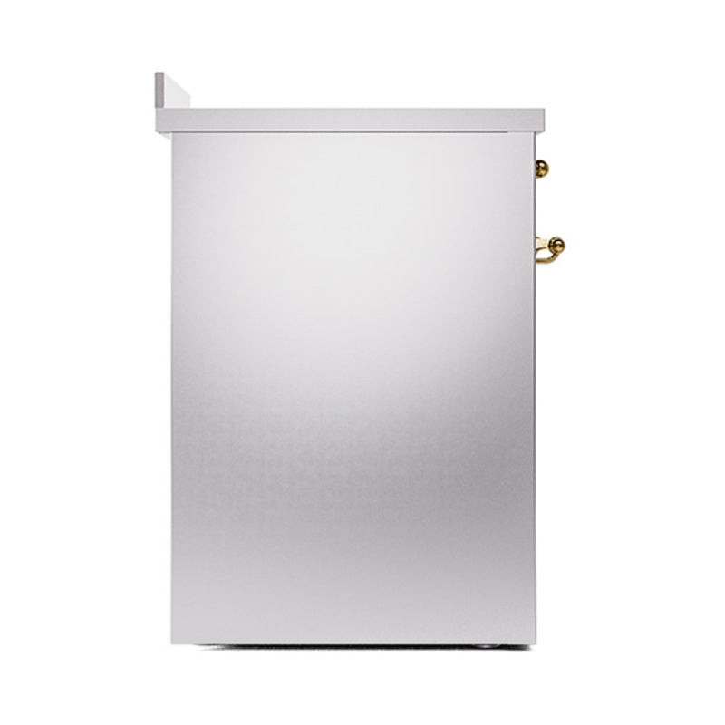 Stainless steel solid door oven, side view with brass handle accents
