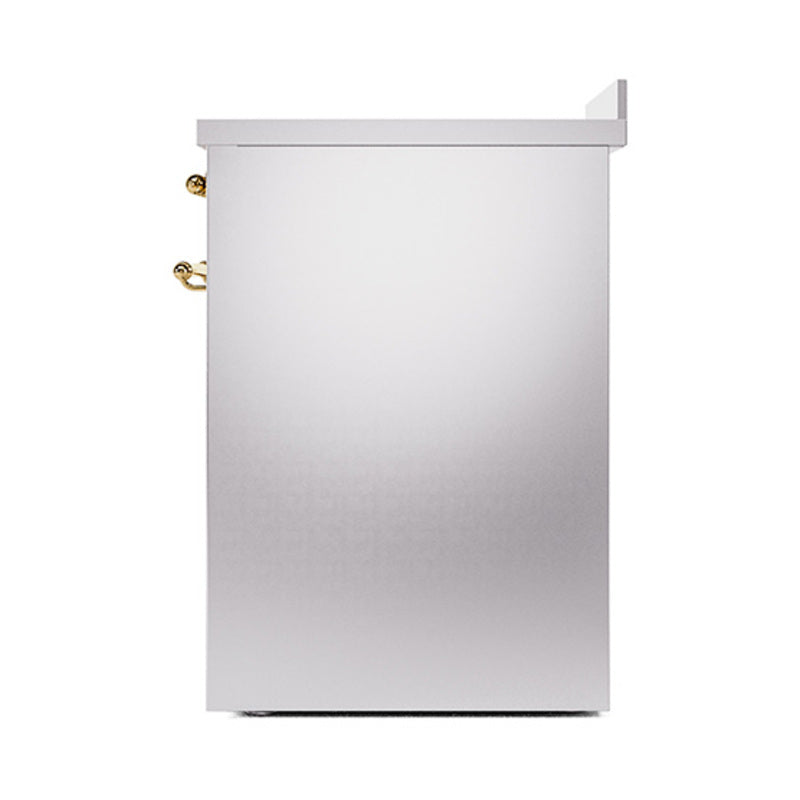 Stainless steel solid door oven, rear side view with brass hardware