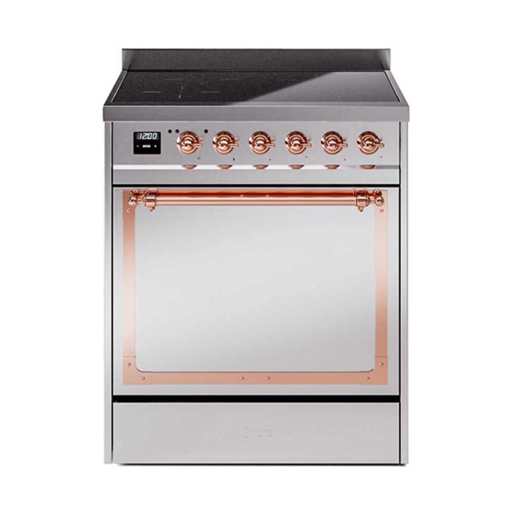 Stainless steel induction range with copper-trimmed control panel and open oven door