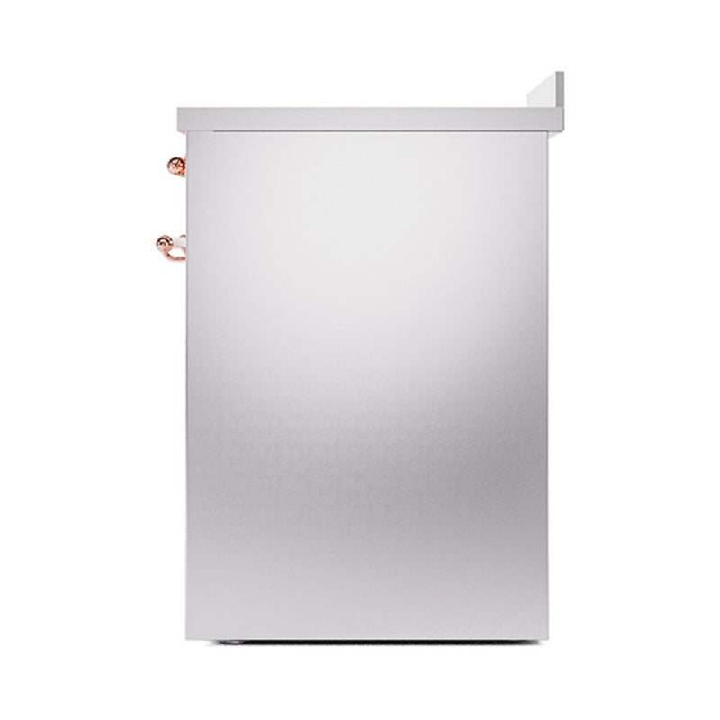 Stainless steel oven side panel with copper-colored knobs and trim