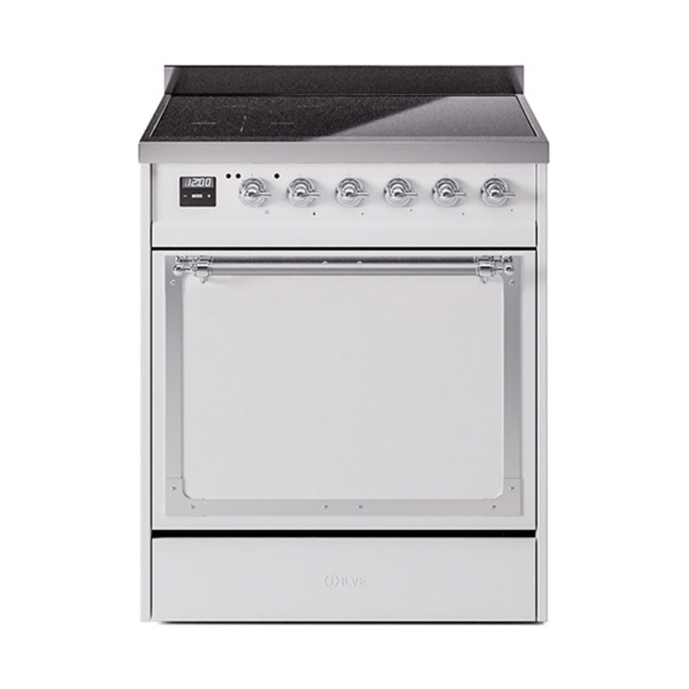 30-inch induction range with solid door oven, white finish and chrome trim