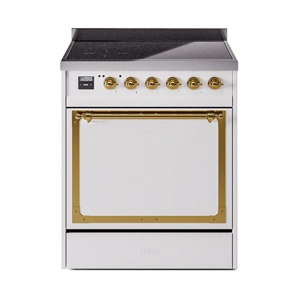 White induction range with brass-trimmed oven door and front control knobs