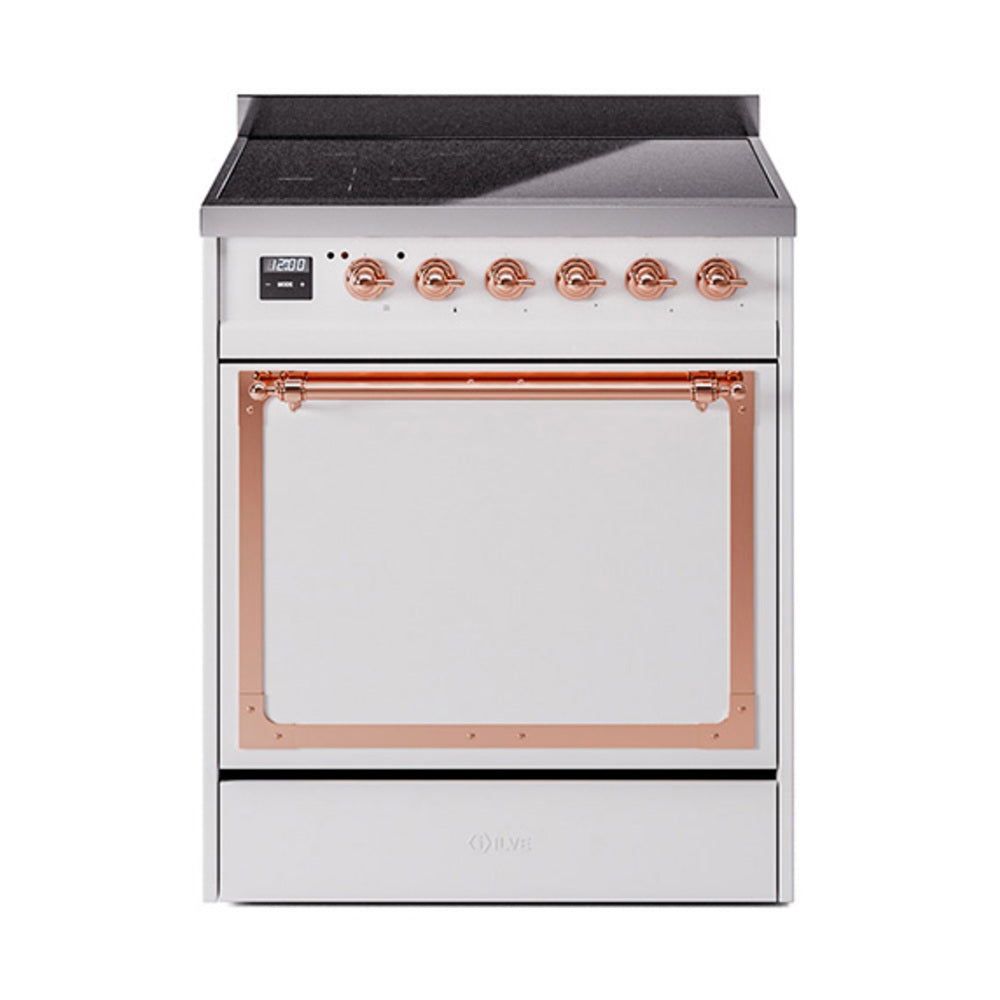 White induction range with oven door window and copper-trim control panel
