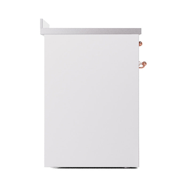 White side panel of induction range with copper trim accents