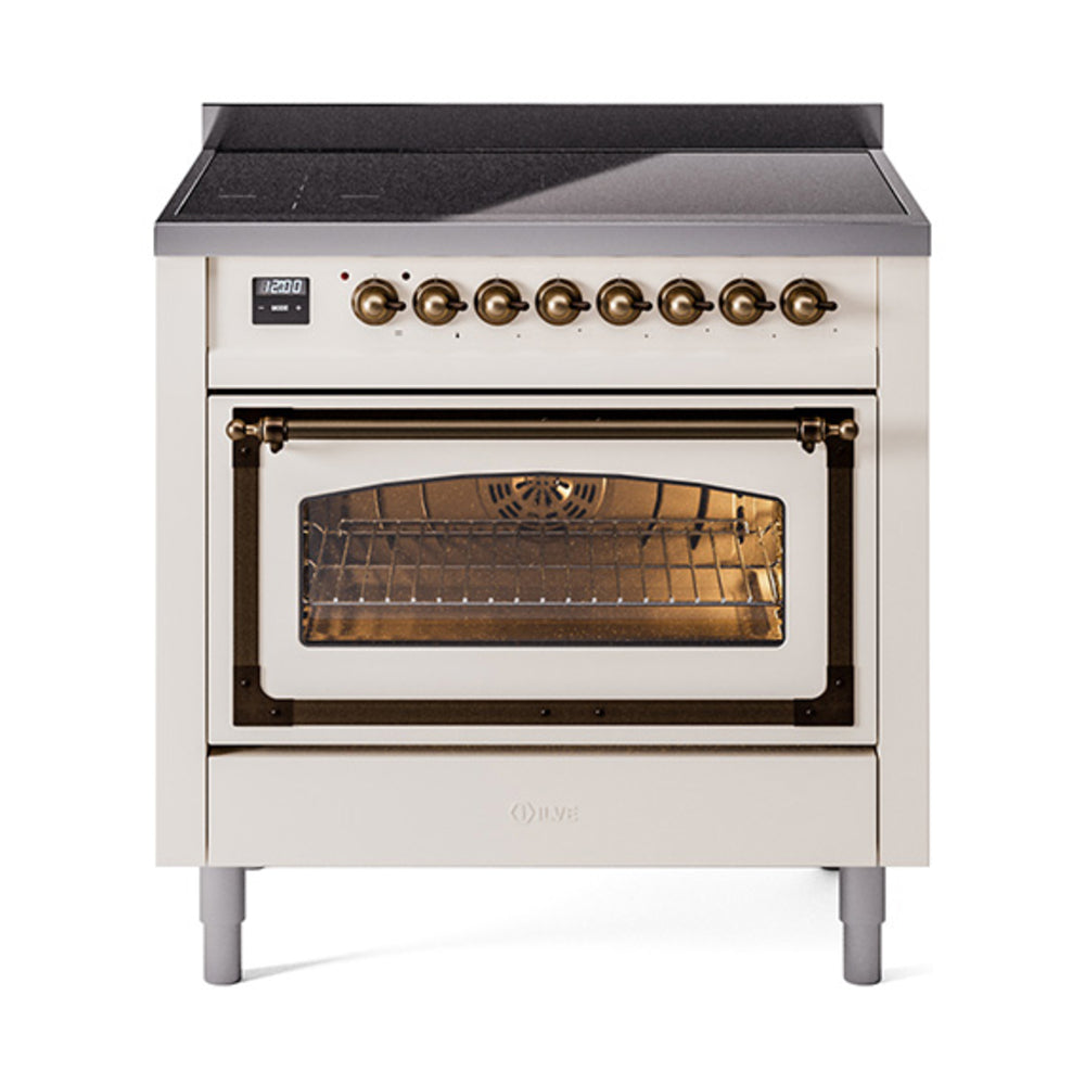 36-inch induction range with oven door open, antique white and bronze trim detail