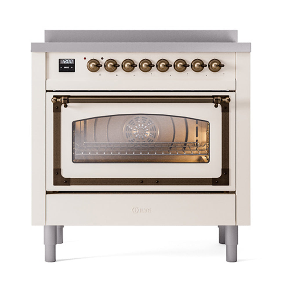 36-inch induction range with closed oven glass door, antique white and bronze trim
