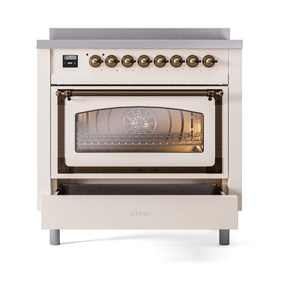 36-inch induction range with oven door open, antique white and bronze control knobs