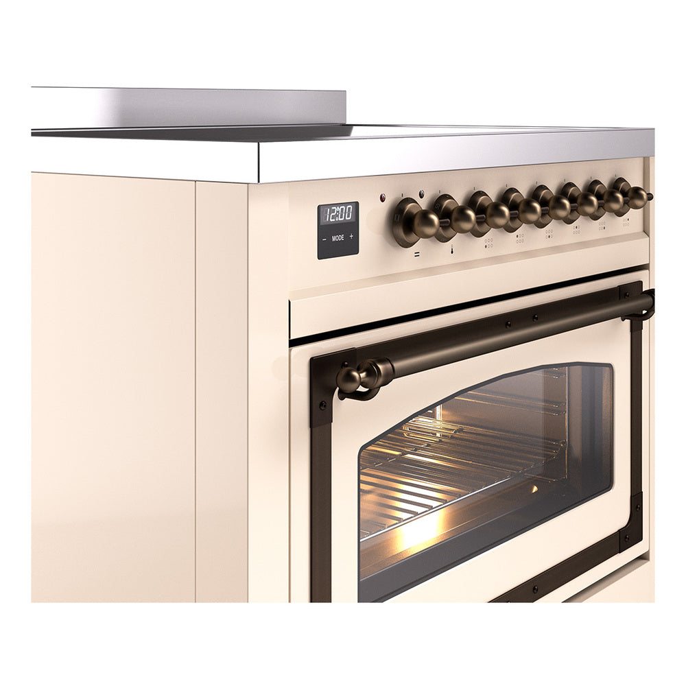 36-inch induction range with control knobs and oven door, antique white finish