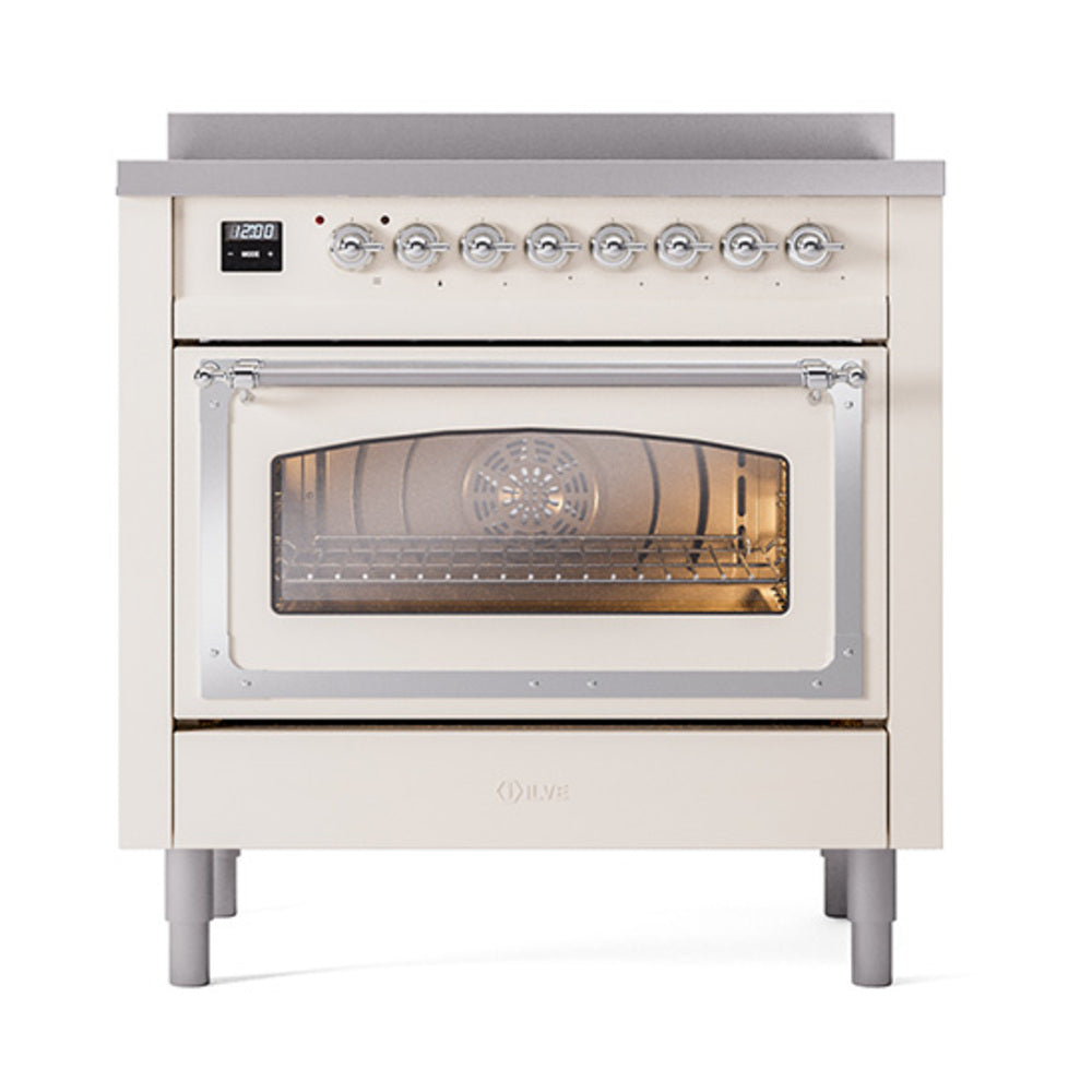 Antique white range with closed oven door, chrome knobs, and visible interior light