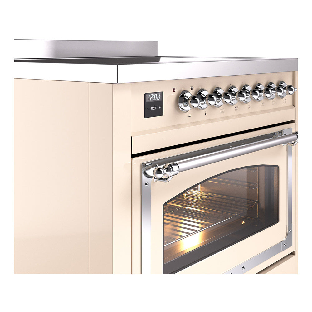 Antique white range with chrome control knobs and large oven door window