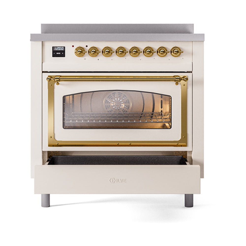 Antique white oven with brass bezel, interior racks, and back fan through glass