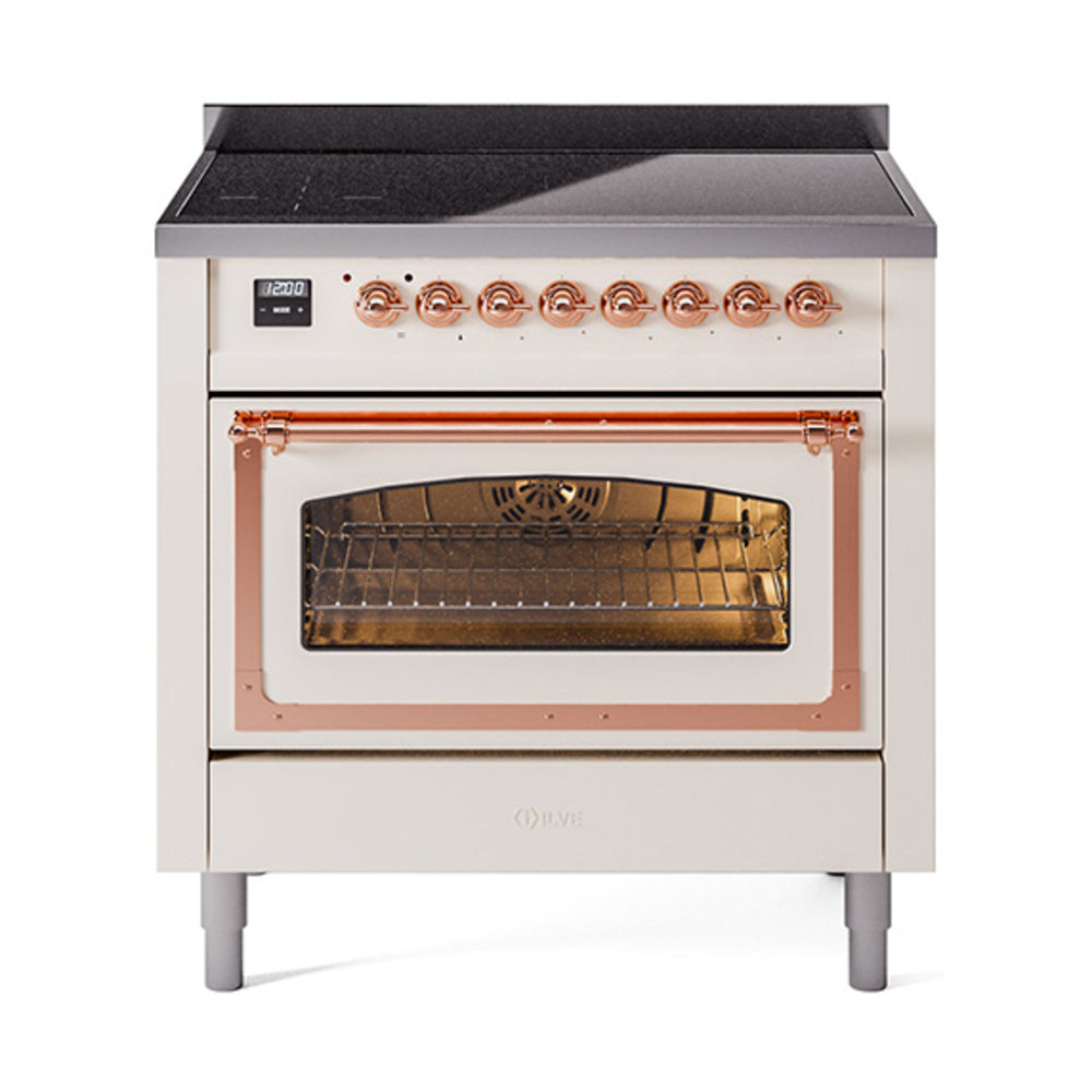 Antique white induction range, open oven door showing rack and copper-trim frame