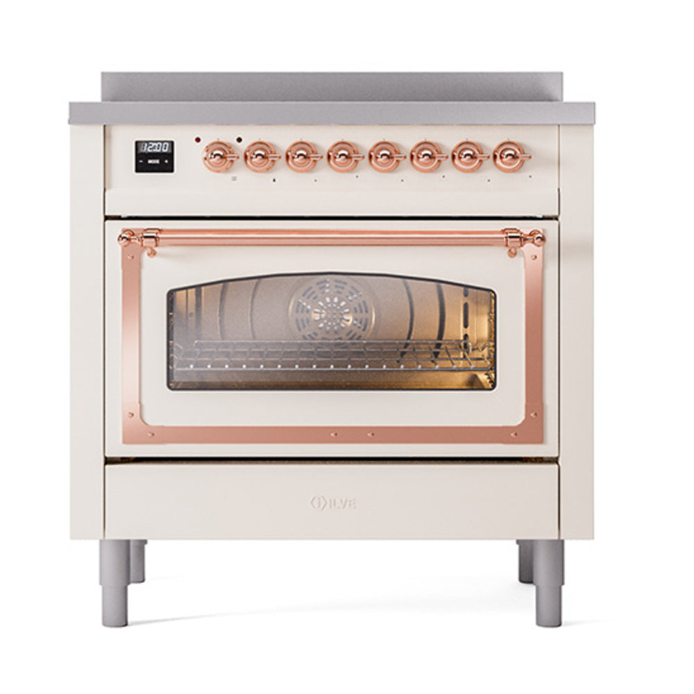 Antique white induction range with oven glass window and copper trim