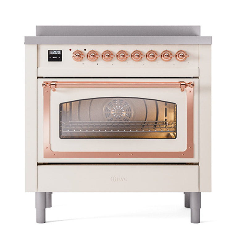 ILVE Nostalgie II Noblesse 36-Inch Induction Range with Triple Glass Door in Antique White with Copper Trim (UNI366NMPAWP)