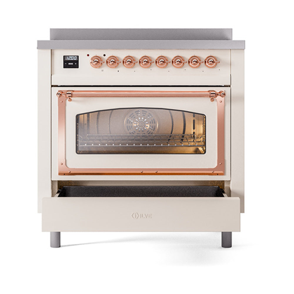 Antique white induction range, oven with copper-trim glass window