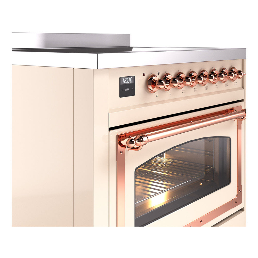 Antique white induction range, copper knobs and oven door handle detail