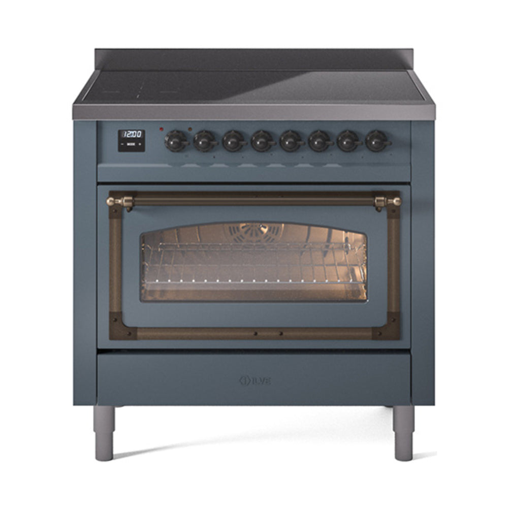 ILVE blue-grey 36-inch induction range with bronze handle, oven door open