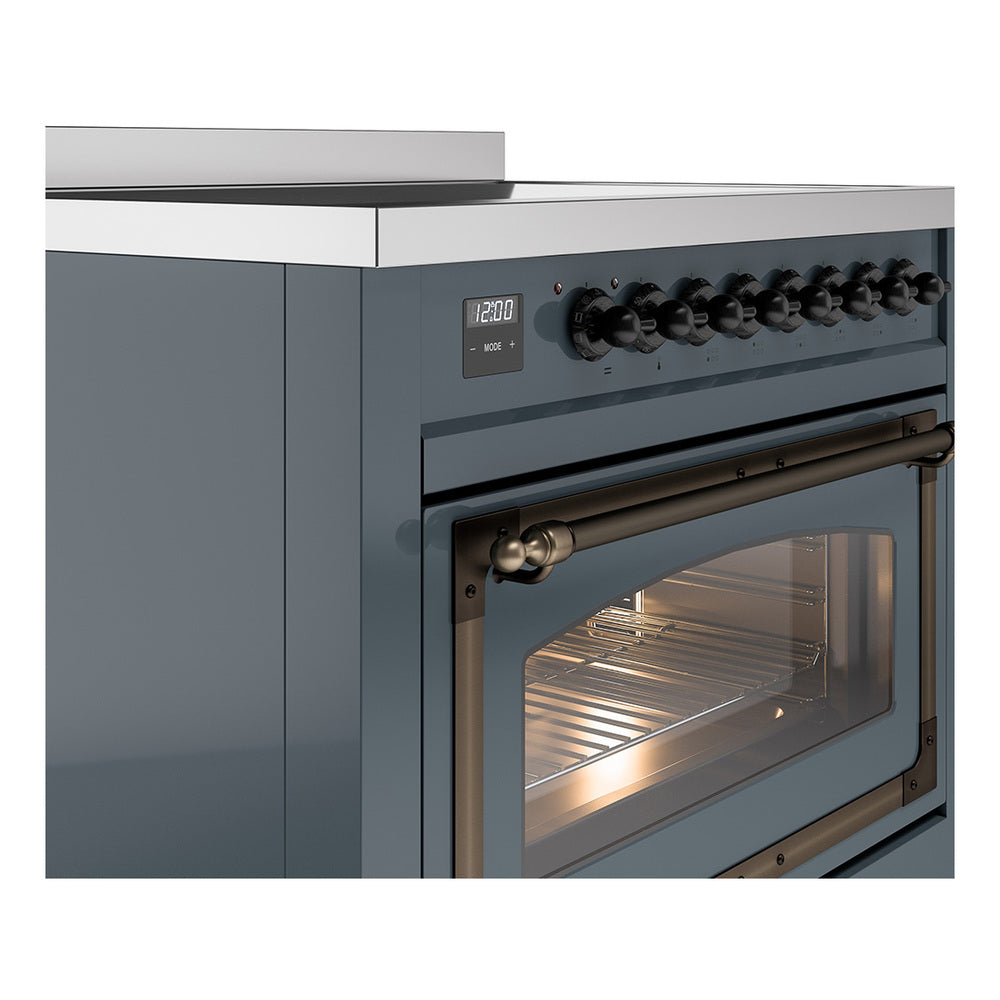 ILVE blue-grey induction range, side view with control knobs and open oven door