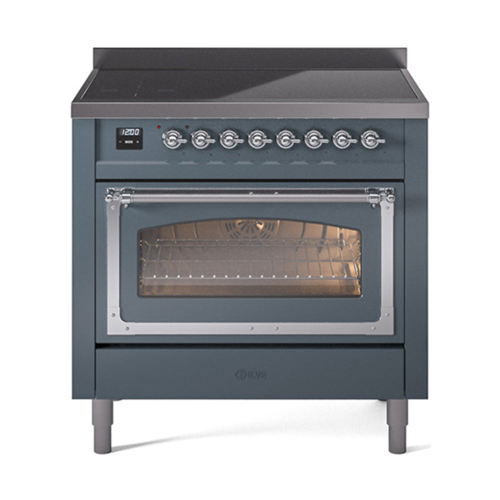 Blue grey induction range with chrome trim and triple-glass oven door, front view