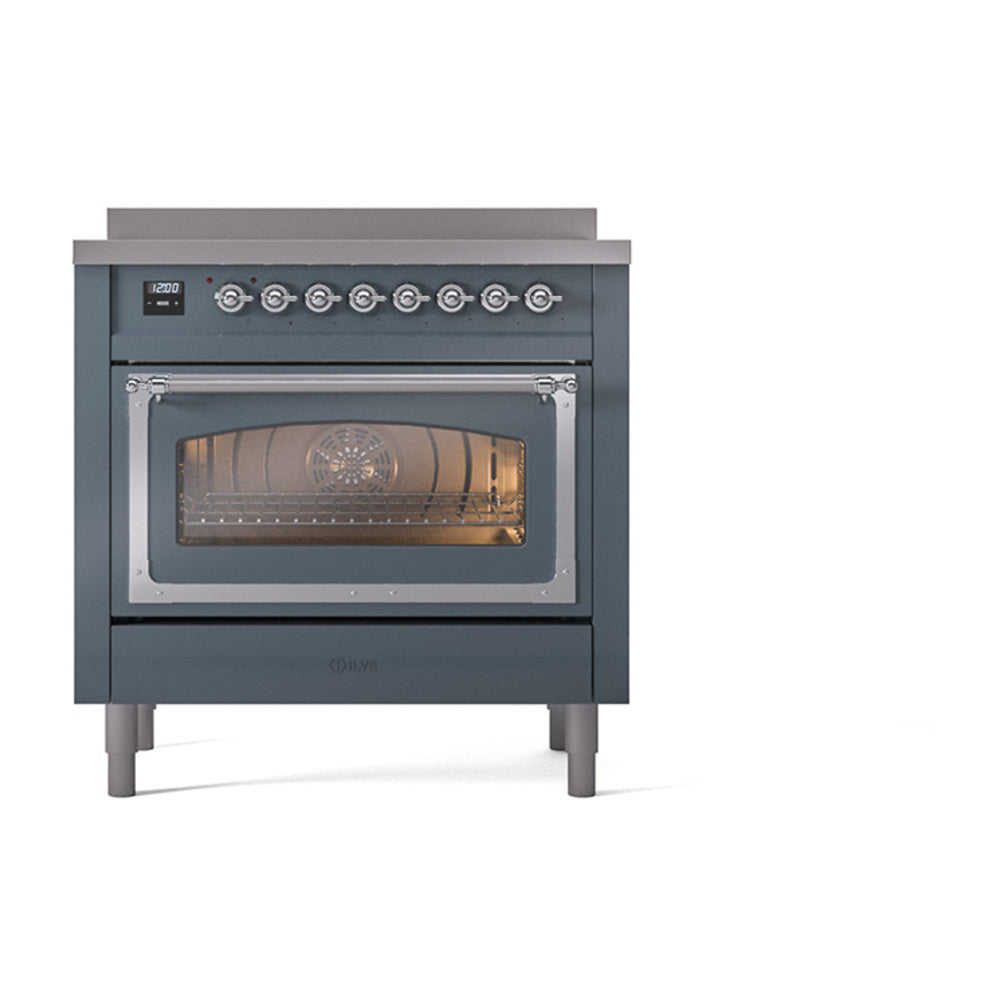 Blue grey induction range with triple-glass oven door and lit interior, front view