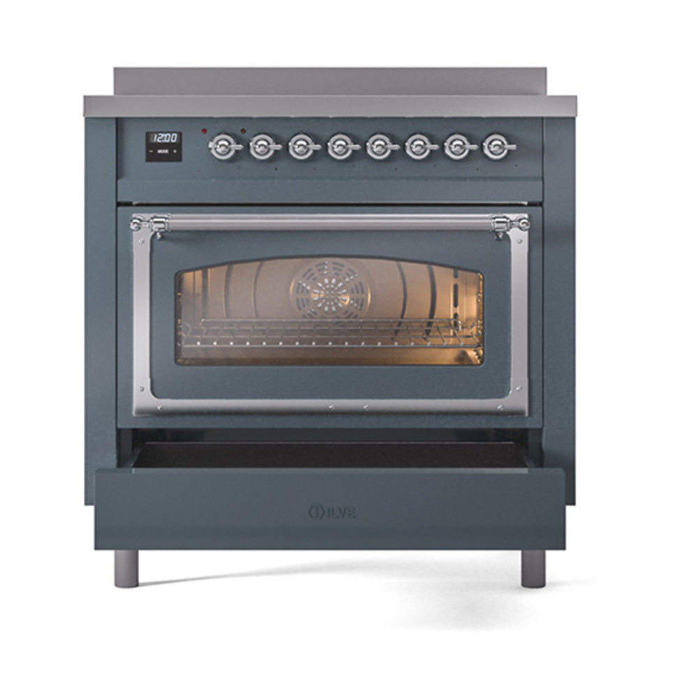 Blue grey induction range with open oven window and chrome control knobs, front