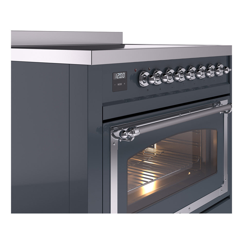 Blue grey induction range with chrome knobs and oven door, side view