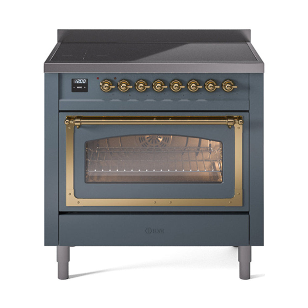 Blue-grey induction range oven with brass handle bar and triple glass viewing window