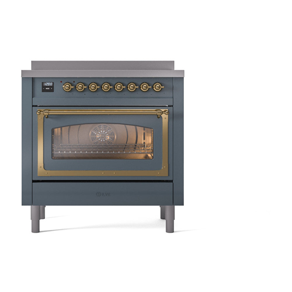 Blue-grey induction range with illuminated triple-glass oven door and brass knob row