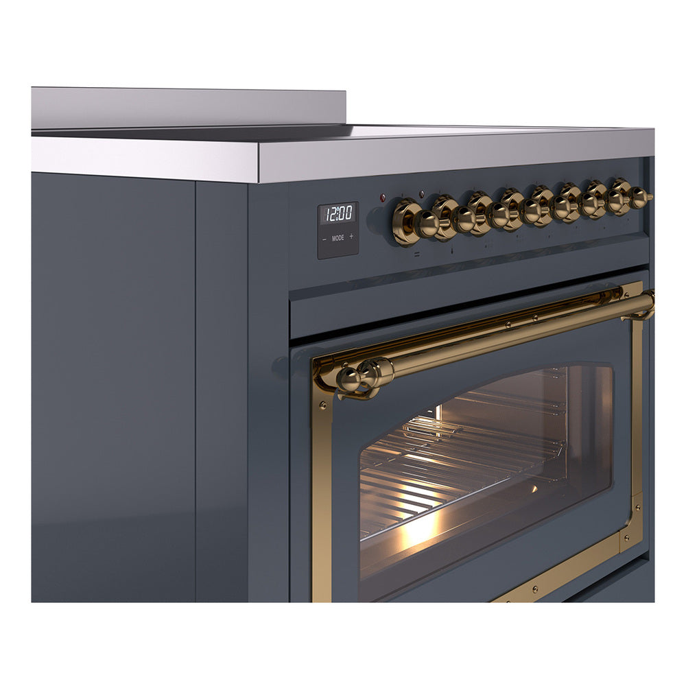 Blue-grey oven front with brass handle and triple-glass viewing window, control panel