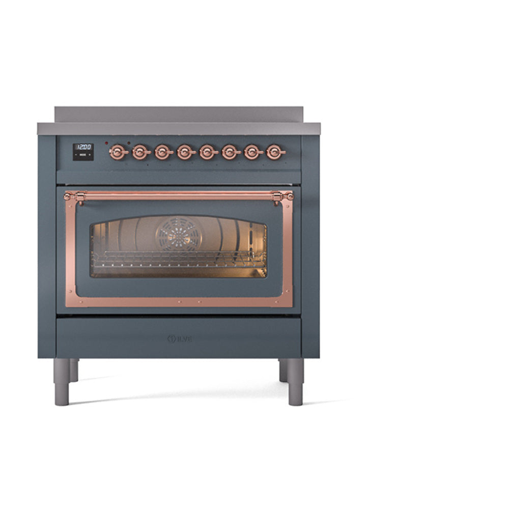 Blue grey induction range with closed oven glass door and copper control knobs