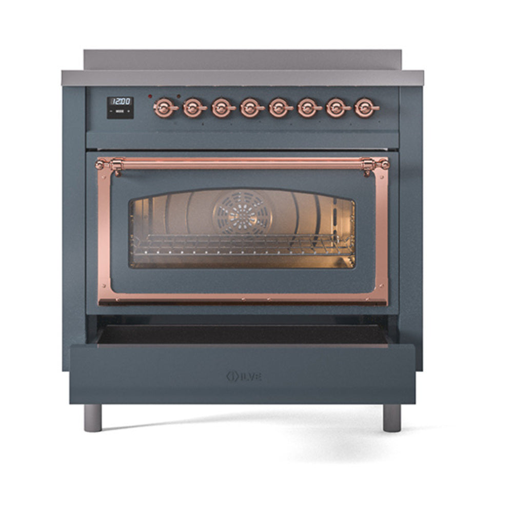 Blue grey induction range with open lower drawer and copper-trim oven window