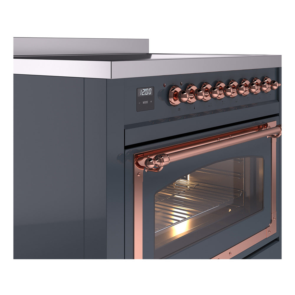36-inch induction range oven with blue grey body and copper control knobs