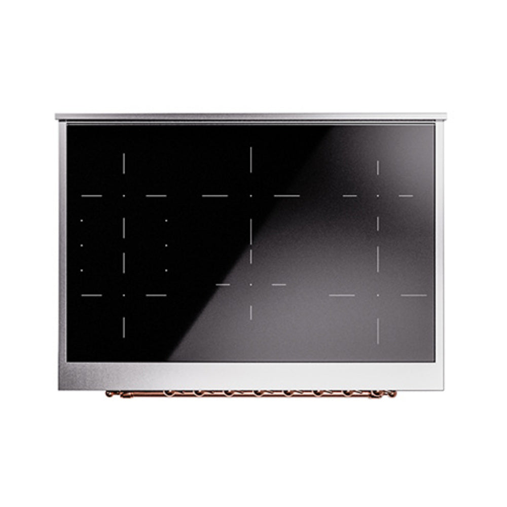 Blue grey range oven door with black glass window and copper trim frame