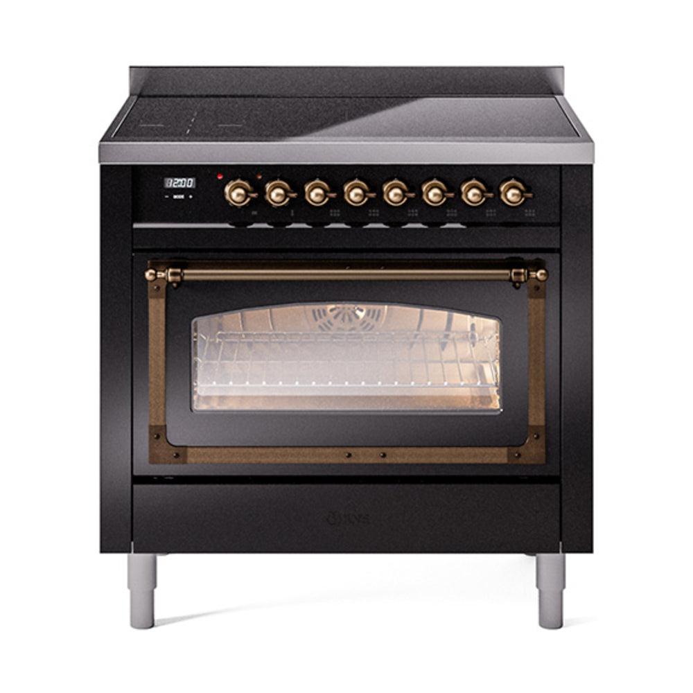 Glossy black induction range with bronze-trimmed oven window and control knobs.