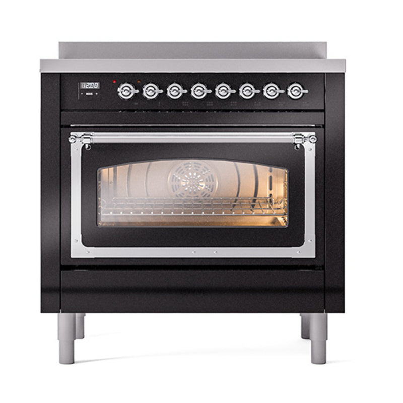 ILVE Nostalgie II Noblesse 36-Inch Induction Range with Triple Glass Door in Glossy Black with Chrome Trim (UNI366NMPBKC)