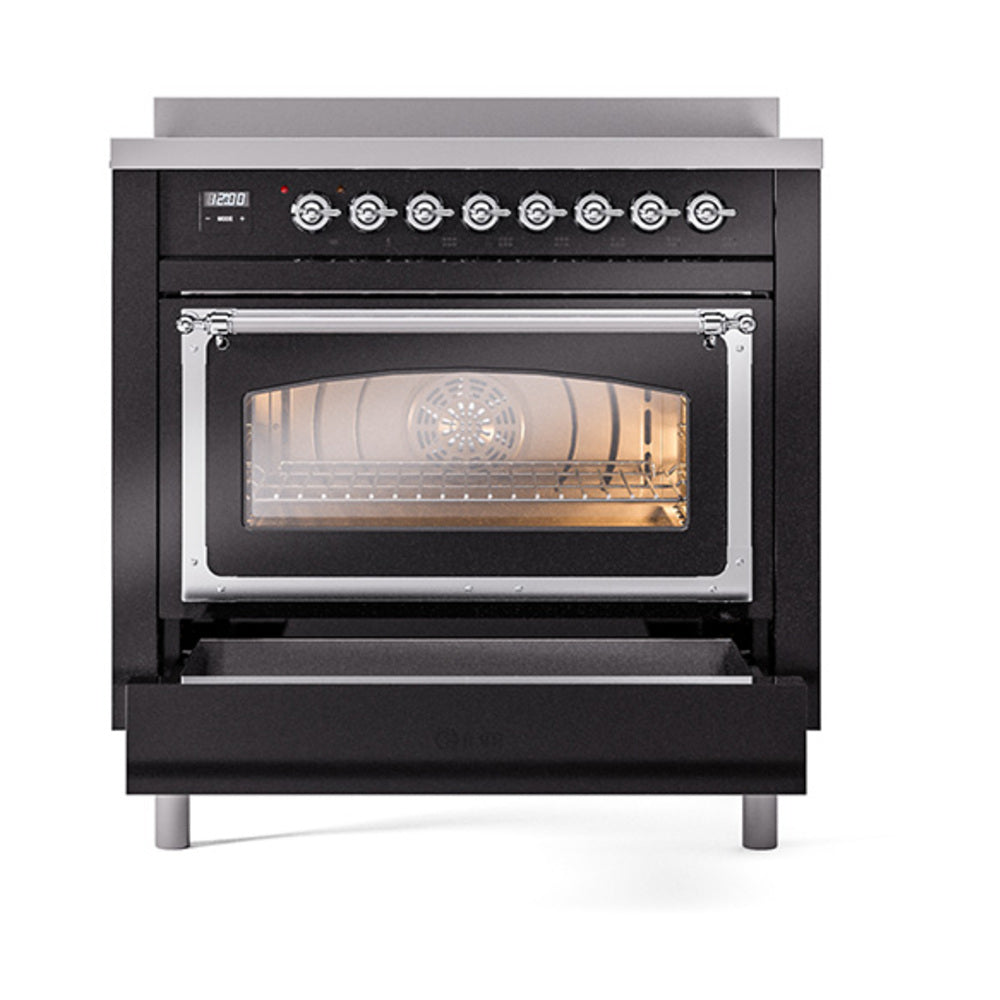 Glossy black oven with chrome handle and reflective triple glass door