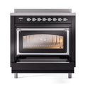 ILVE Nostalgie II Noblesse 36-Inch Induction Range with Triple Glass Door in Glossy Black with Chrome Trim (UNI366NMPBKC)