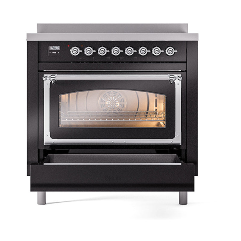 ILVE Nostalgie II Noblesse 36-Inch Induction Range with Triple Glass Door in Glossy Black with Chrome Trim (UNI366NMPBKC)