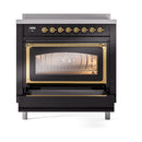 ILVE Nostalgie II Noblesse 36-Inch Induction Range with Triple Glass Door in Glossy Black with Brass Trim (UNI366NMPBKG)