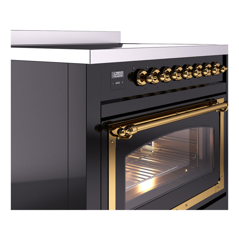 ILVE Nostalgie II Noblesse 36-Inch Induction Range with Triple Glass Door in Glossy Black with Brass Trim (UNI366NMPBKG)