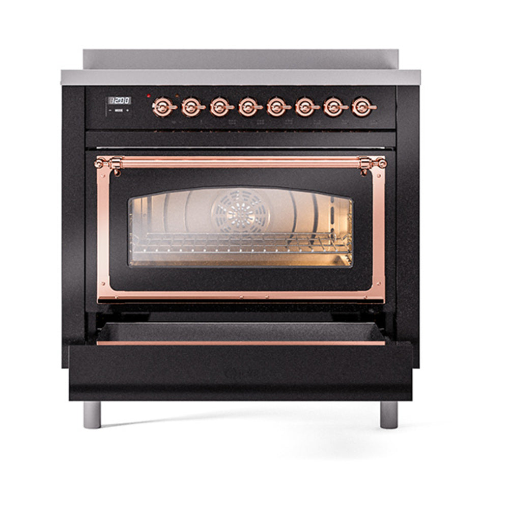 Glossy black induction range with copper-trim control panel and closed glass oven door