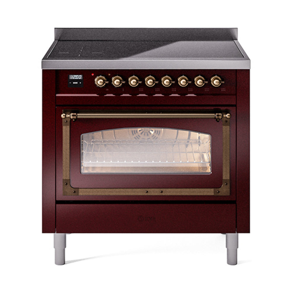 Burgundy induction range with triple glass oven door and bronze-trim oven frame