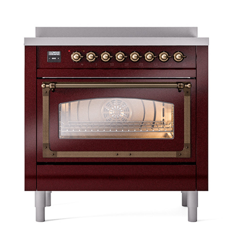 Burgundy induction range front view with illuminated triple glass oven door
