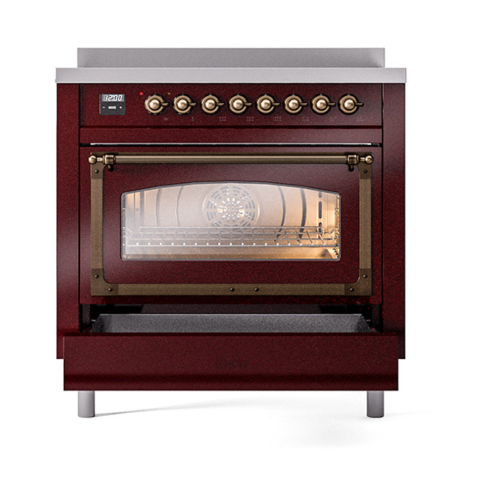 Burgundy induction range with triple glass oven door and bronze-trim control panel