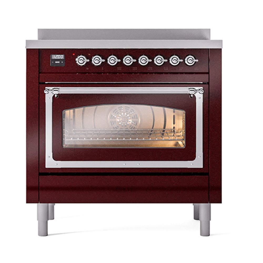 Burgundy induction range with chrome-trimmed oven door and triple-glass window
